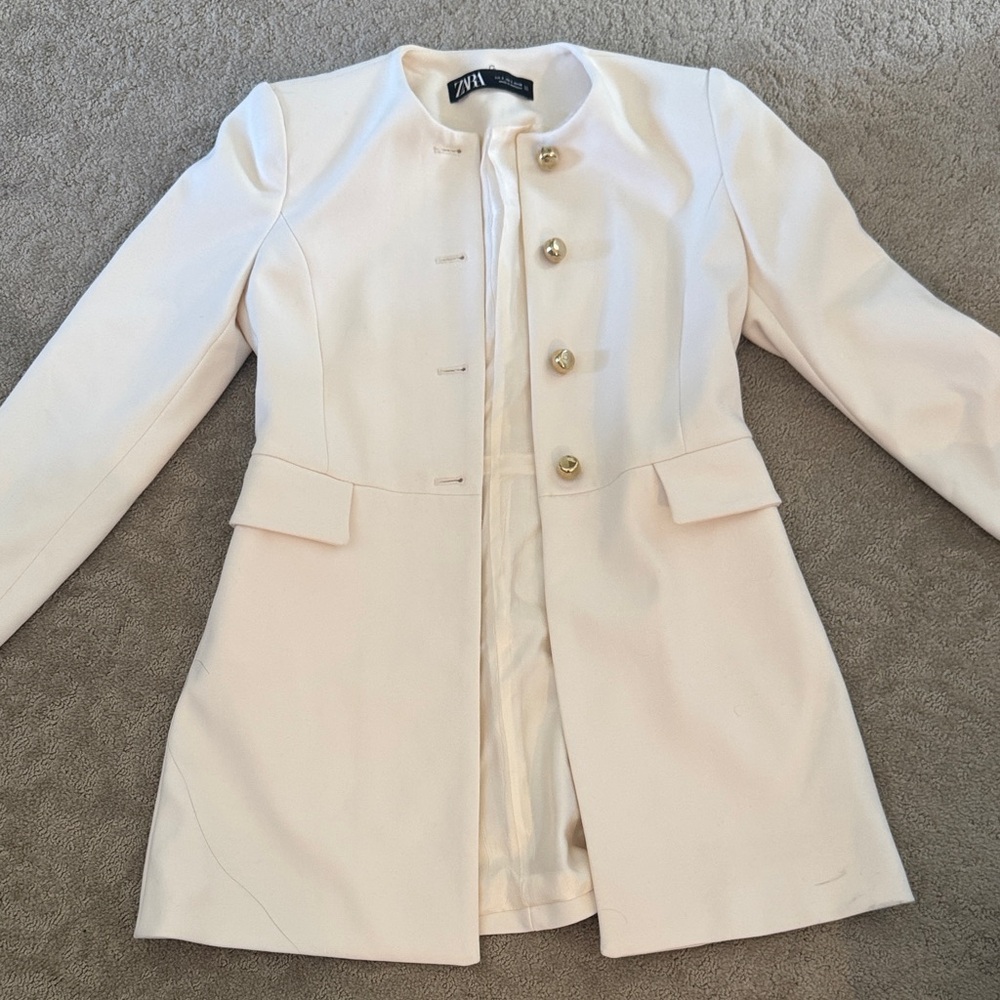 Zara Cream Longline Military-Style Blazer with Gold Buttons